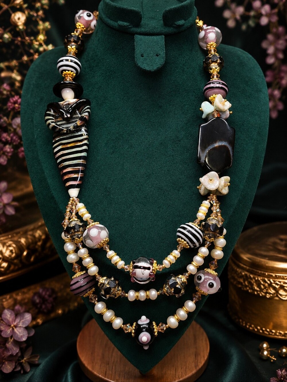 Lindsay's Gifts Artisan Lampwork Lady Necklace Onyx Gemstone Swarovski Crystal